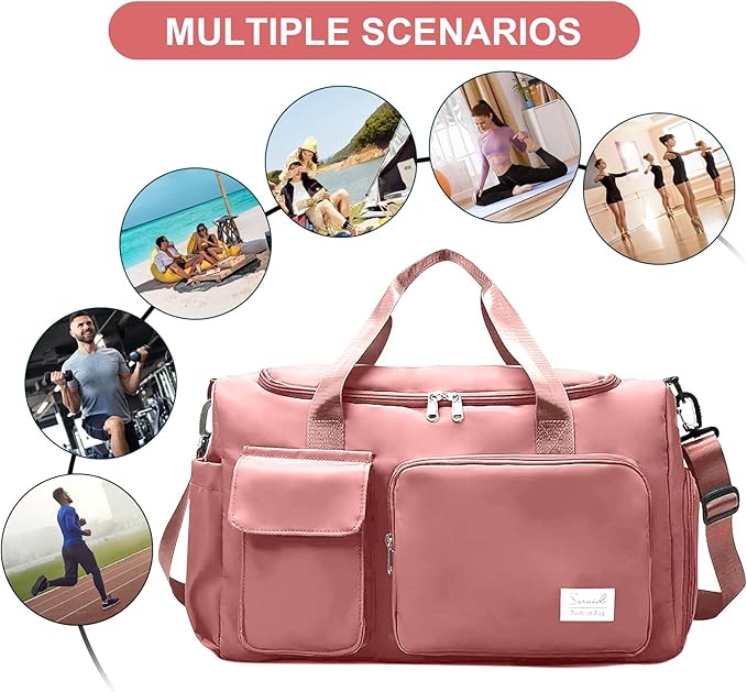 Gym Bag for Women Men, Travel Duffle Bag Large Capacity Carry On Weekender Bag With Shoe Compartment Gym Tote Dry Wet Separation Duffel Bag with Makeup Bag, Pink