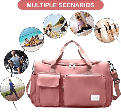 Gym Bag for Women Men, Travel Duffle Bag Large Capacity Carry On Weekender Bag With Shoe Compartment Gym Tote Dry Wet Separation Duffel Bag with Makeup Bag, Pink