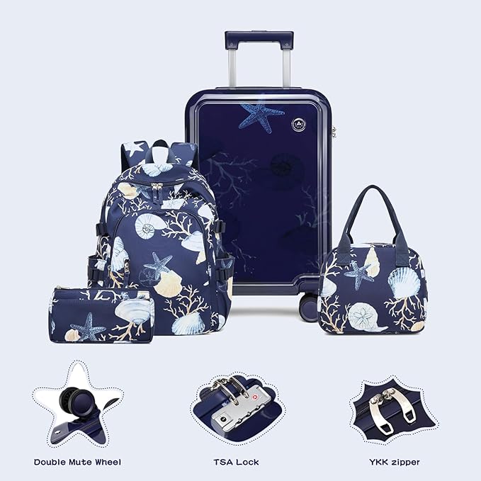 Somago 4 Piece Kid's Luggage with Backpack Set for Boys Girls Spinner 18" Hardside PC Rolling Carry on Suitcase with TSA Lock (Seashell Navy)