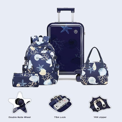 Somago 4 Piece Kid's Luggage with Backpack Set for Boys Girls Spinner 18" Hardside PC Rolling Carry on Suitcase with TSA Lock (Seashell Navy)