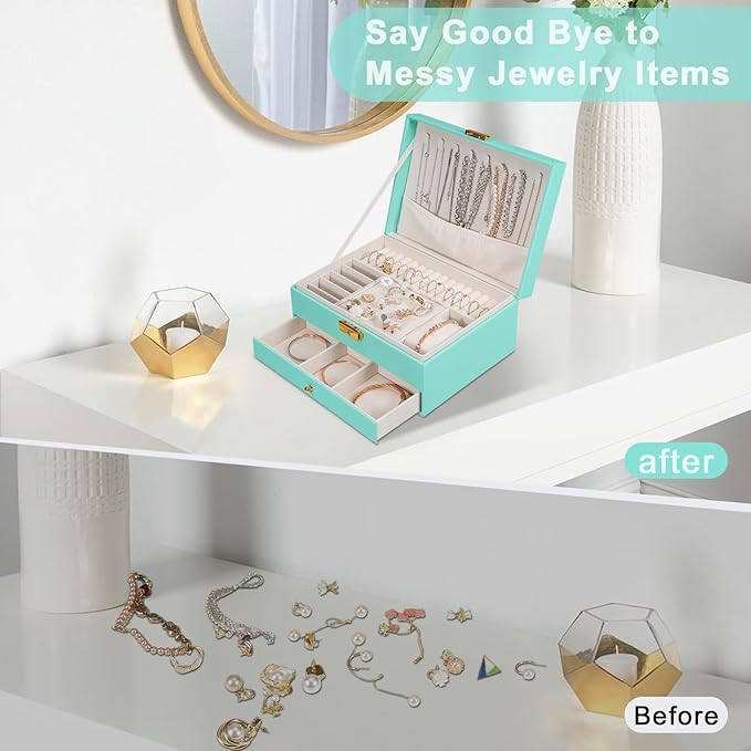 GUOER Jewelry Box for Women Girl Wife - Large PU Leather Jewelry Organizer Storage Case with Two Layers Display for Earrings Bracelets Rings Watches (Teal)