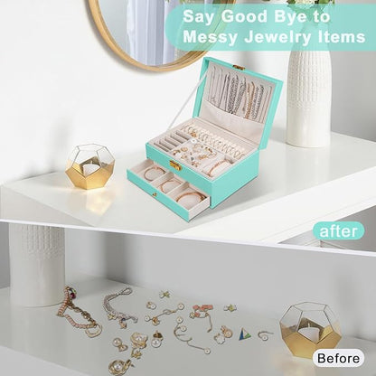 GUOER Jewelry Box for Women Girl Wife - Large PU Leather Jewelry Organizer Storage Case with Two Layers Display for Earrings Bracelets Rings Watches (Teal)