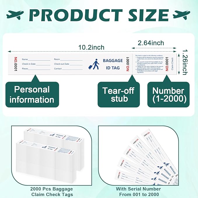 2000 Pcs Paper Hotel Luggage Tags with Transfer Tape On Back Luggage Tags Bulk Blue Baggage Claim Check Tags Serial Numbering Claim Ticket Baggage Identification for Suitcase Motel Bag Storage