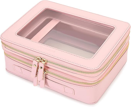 Aveniee XL Clear Makeup Organizer,Double Layer Travel Cosmetic Case with Brush Holder & Zippered Compartments,Big Toiletry Bag for Travel Accessories,2 Layers Large,Pink