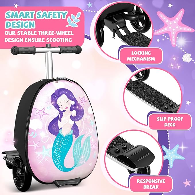 Scooter Suitcase for Kids, 2 in 1 Ride-on Luggage with Flash PU Wheels, Adjustable Handle & TPR Non-Slip Grip, Foldable & Lightweight, Ages 5-12