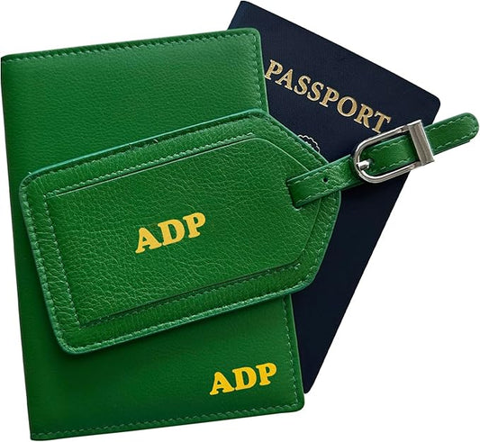 Personalized Monogrammed Emerald Green Leather RFID Passport Wallet and Luggage Tag