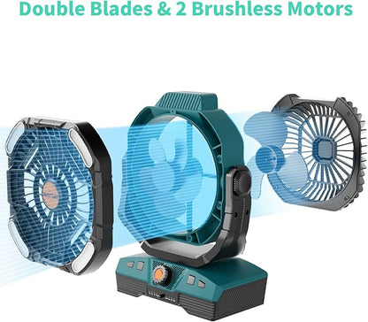 Camping Fan Portable 20000mAh Oscillating Battery Powered Fan Rechargeable Camping essentials Tent Light Hook 270° Pivot Battery Operated USB Desk X68 Cyan