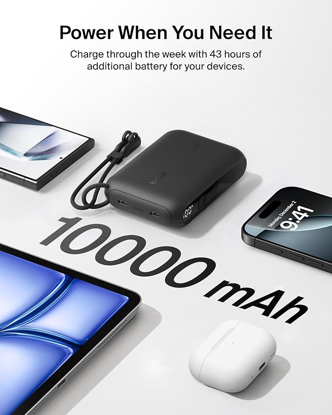 Belkin Portable Charger, Slim USB-C Power Bank 10,000mAh w/ 2 USB-C Ports, Digital Battery Display, 20W Charging Battery Pack - iPhone 17, Air, Pro, Samsung Galaxy S25, Pixel 10, iPad, & More - Black