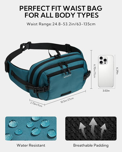 WATERFLY 3L Large Fanny Pack, 180° Opening Hip Pouch with Multi-Pockets, Anti-Theft RFID Blocking Waist Bag for Women Men Traveling Hiking Daily Use-Teal