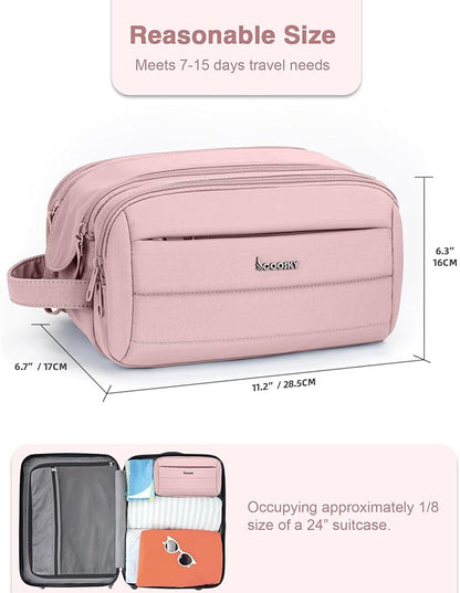 Toiletry Bag for Men & Women, Cruise Ship Travel Essentials, Shaving Dopp Kit with Dry and Wet Separation, Water-resistant Bathroom Cosmetic Organizer Bag, Makeup Accessories with Trolley Belt, Pink