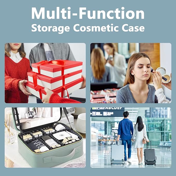 Travel Makeup Bag for Women and Makeup Artists Cosmetic Organizer Large Makeup Case,Travel Makeup Bag with Mirror 3 Color Setting,Portable Storage and Adjustable Dividers(baby blue)