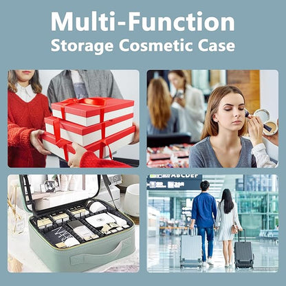 Travel Makeup Bag for Women and Makeup Artists Cosmetic Organizer Large Makeup Case,Travel Makeup Bag with Mirror 3 Color Setting,Portable Storage and Adjustable Dividers(baby blue)