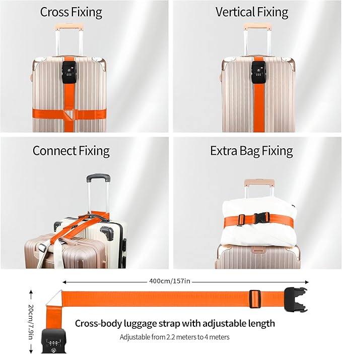 Luggage Straps, Orange TSA Approved Cross Luggage Strap Belt with Combination Lock for Suitcases, 1 Pack Adjustable Heavy Duty Cross Style Suitcase Straps with Name Tags for Travel, Carry On Bags