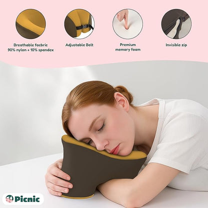 Picnic Neck Pillow for Traveling | 100% Pure Memory Foam Travel Pillow for Airplanes, Car & Office | Ergonomic Support with Adjustable Clasp, Eye Mask & Compact Travel Bag | Perfect for Relaxation