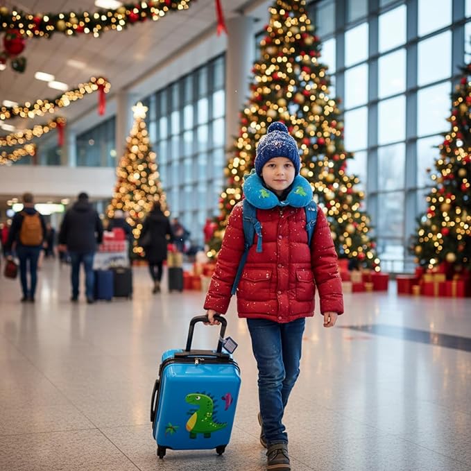 Sanwuta 4 Pcs Kids Luggage Set Backpack Travel Rolling Suitcase U-shape Pillow Christmas Children Gift for Girls Boys(17 Inch,Dinosaur Style,Blue)