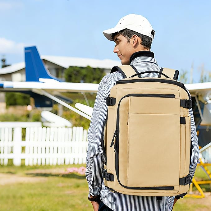 Carry On Travel Backpack with Shoe Compartment Flight Approved Laptop Backpack Expandable Work Business Backpack for Women Men Casual Daypack, Khaki