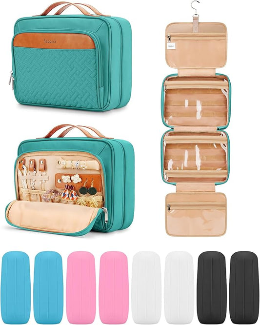 Travel Hanging Toiletry Bag for Women and Men, with 8 Leak Proofing Silicone Bottle Covers, Waterproof Makeup Accessories, Cosmetic Essentials, Toiletries Dopp Kit Set with Jewelry Organizer, Blue