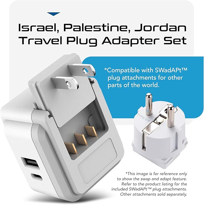 Ceptics Israel, Jordan Power Plug Adapter Travel, 20W PD & QC, Safe Dual USB & USB-C 3.1A -2 USA Socket - Use in Jerusalem, Palestine, UAE - Includes Type H, Type C, Type G Swadapt Attachments