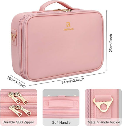 Relavel Makeup Bag Travel Makeup Train Case 13.8 inches Large Cosmetic Case Professional Portable Makeup Brush Holder Organizer and Storage with Adjustable Dividers and Shoulder Strap (Pink)
