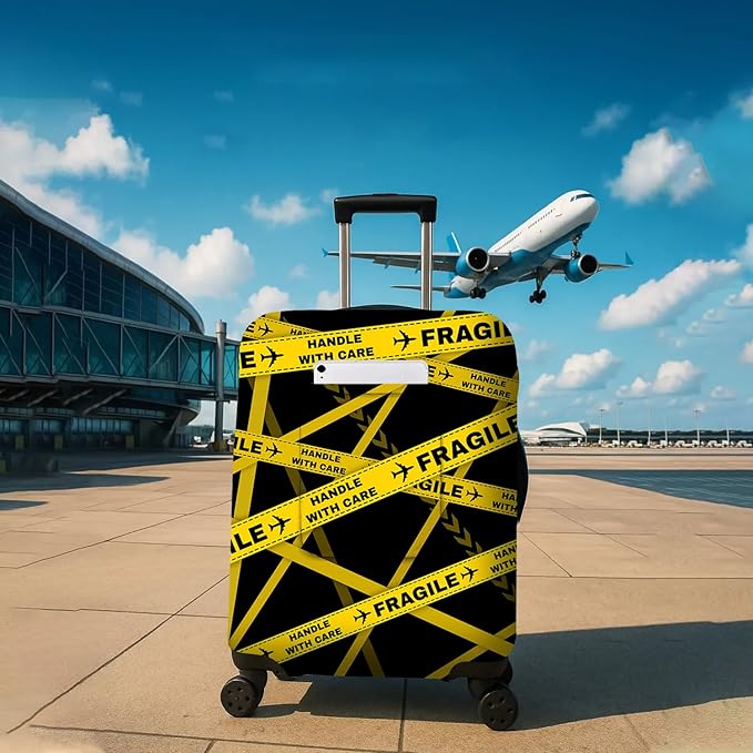 Gold Fragile Travel Luggage Cover, Travel-Themed Suitcase Protector Stretchable, Washable Travel Suitcase Cover (L for 25-28 Inch Luggage)