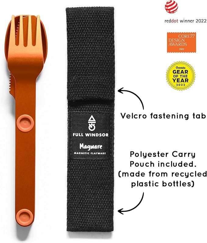 FULL WINDSOR - MAGWARE Magnetic Camping Cutlery Set - Travel Utensils for Camping, Cooking, and Outdoor Dining - Knife, Fork & Spoon - Portable Silverware with Pouch for Backpacking - Orange (3 PCS)