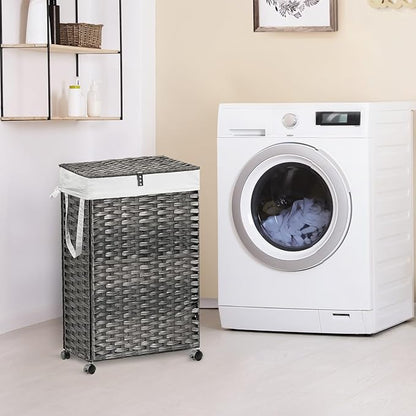 88L Slim Laundry Hamper with Wheels, 23.3 Gallon Rolling Laundry Basket with Lid, Tall and Narrow Laundry Hamper with 2 Removable Liner & 3 Mesh Bags, Laundry Sorter for Bathroom, Grey