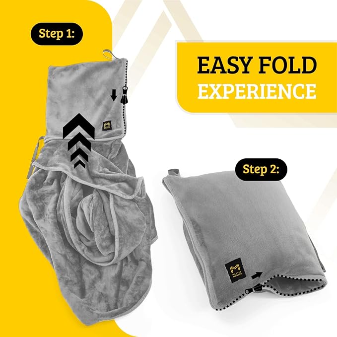 Travel Blanket Airplane Compact with Hoodie – 2in1 Airplane Travel Accessories from Plane Blanket to Travel Pillow with Luggage Strap, Soft Handle & Secure Pocket