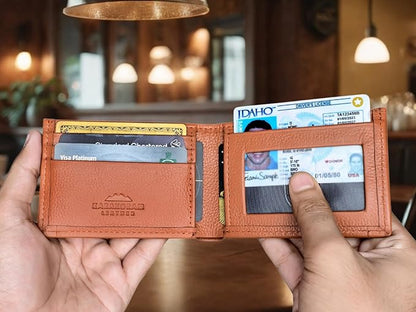 KARAKORAM LEATHER Artisan Made Premium Cowhide Leather Slim BiFold Wallet for Men | RFID Blocking Front Pocket Everyday Carry | Fits 12-14 Cards with 2 External Quick Access Slots (Sandstone Tan)