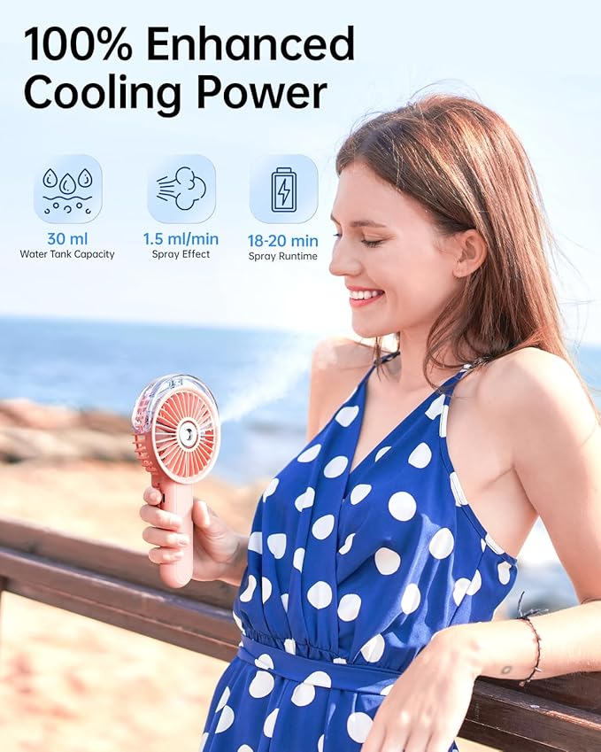 SWEETFULL Portable Misting Fan - 180° Foldable Handheld Personal Fan with Mist Spray, 3 Speeds, 30ml Water Tank, USB Rechargeable for Travel, Outdoors, Makeup, Camping, Home, and Office Use