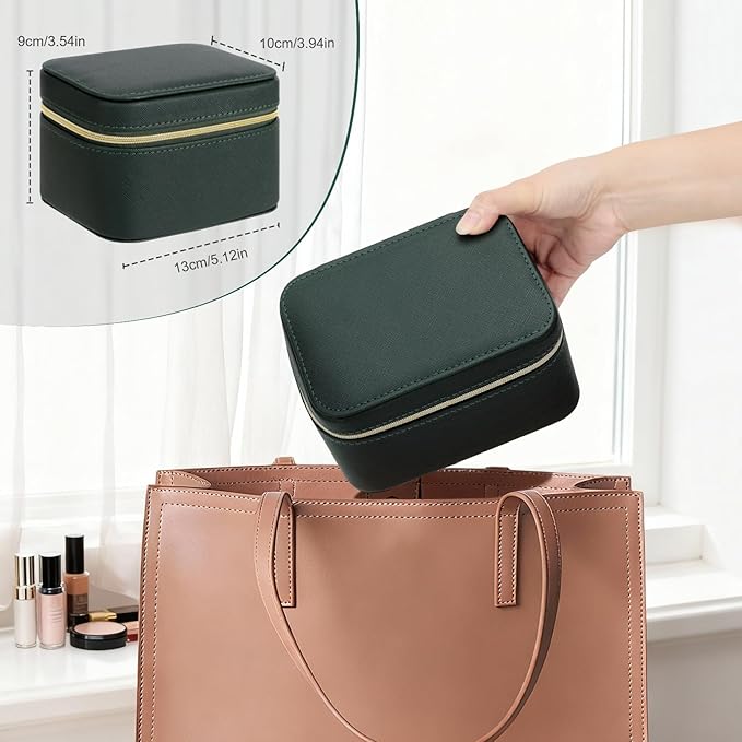 DesignSter Travel Jewelry Case,Small Jewelry Box with Mirror,Leather Material Travel Jewelry Case Organizer, Portable Jewelry Organizer with Zipper(Black)