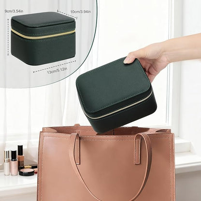 DesignSter Travel Jewelry Case,Small Jewelry Box with Mirror,Leather Material Travel Jewelry Case Organizer, Portable Jewelry Organizer with Zipper(Black)