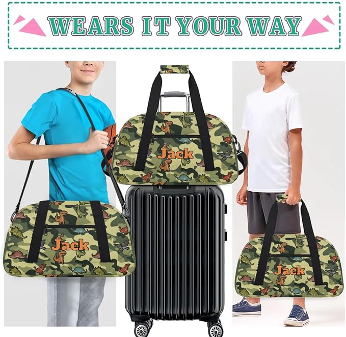 Personalized Duffel Bag for Kids Girls Boys, Cartoon Dinosaurs Custom Name Gym Bag Overnight with Padded Handles Carry On Weekend Sports Travel Bag for School Practice Gymnastics Ballet
