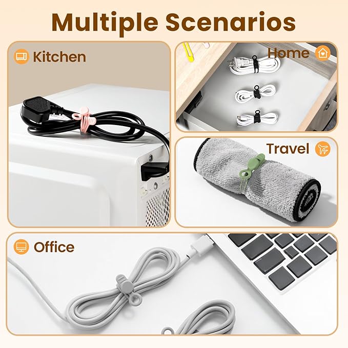 30 Pcs Silicone Data Cable Organizer, Reusable Cable Ties Wire Organizers for Office, Multipurpose Elastic Cord Wraps Cable Management for Charging Cord,Appliances,Home,Office,Kitchen,School,Travel