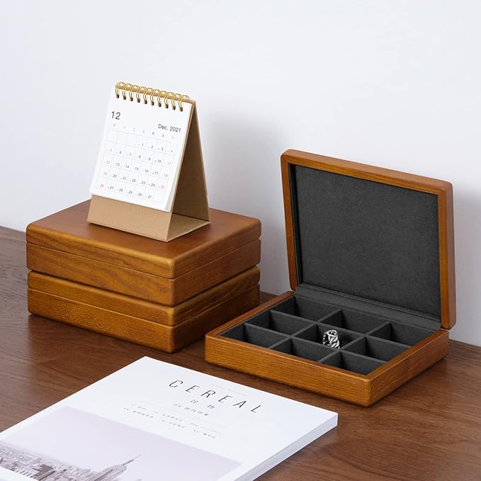 Oirlv Solid Wood Ring Jewelry Box Organizer Earrings Jewelry Drawer Organizer Tray with Lid (Grey 9 Grid Box)