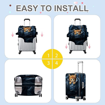 ANNA QUEEN Cute Kitten in Pocket Luggage Cover, Funny Cat Suitcase Protector with Denim Print, Stretchable & Washable Spandex Travel Cover for 32-34 Inch Luggage
