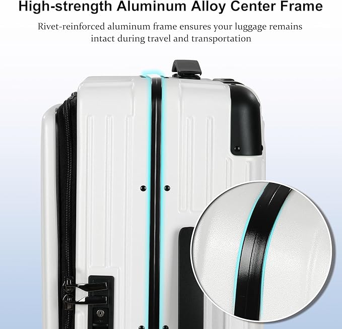 20 Inch Carry On Luggage Airline Approved, Aluminum Frame Top Opening Lightweight ABS+PC Hard Shell Suitcases with 360° Spinner Wheels, TSA Lock (White, 1 PC)