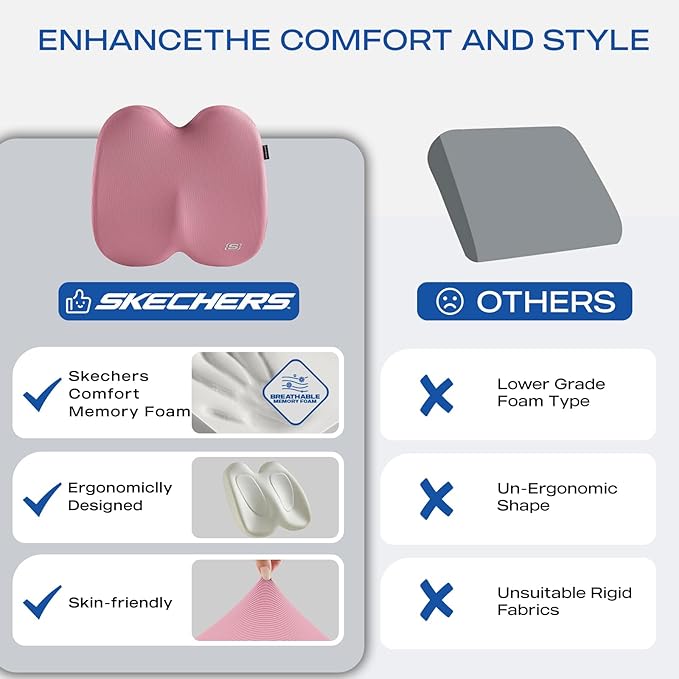 Skechers Memory Foam Seat Cushion,Ribbed Fabric Office Chair Cushion for Tailbone Pain Relief,Butt Pillow for Office Chair,Car Seat Cushion,Long Sitting Office Workers,and Car Drivers,Pink