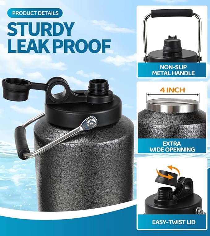 Insulated Water Bottle, 1 Gallon Jug with Handle, 128 oz Stainless Steel Large Water Bottle Wide Mouth Double Vacuum for Hot & Cold Drinks, Textured Black