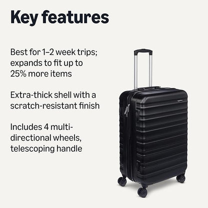 Amazon Basics 26" Hardside Medium Checked Luggage, Hardshell Suitcase With Wheels, Expandable For Up to 15% More Space, With Scratch-Resistant Surface, Four Multi-directional Wheels, Black