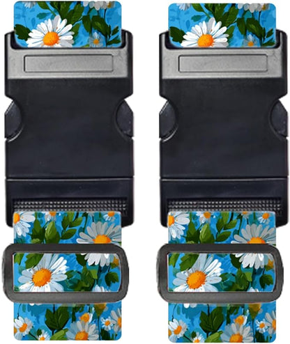 Nuxovilar Luggage Straps of 2 Set White Daisies on Blue Background Pattern, Durable Material 1.96 * 70.86 Inches for Suitcases, Travel Gear for 22-28 Inch Luggage, Perfect for Spring Trips