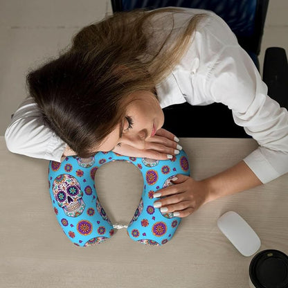 Neck Pillow Memory Foam Chin Cushion with Breathable Cover Mexican Sugar Skulls Day of The Dead Cross Flowers Green, Cute Airplane Car Pillows for Office Head Pain Relief