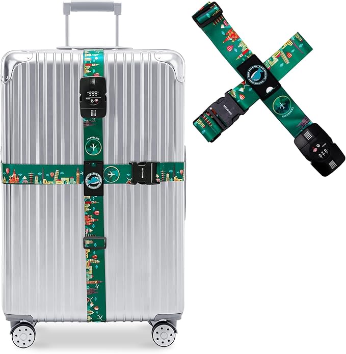 Travelkin Luggage Straps TSA Approved - Adjustable Cross Suitcase Straps with TSA Lock, Reinforced Buckle, Unique Pattern - Secure Heavy Duty Luggage Straps for Travel (Green)