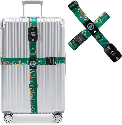 Travelkin Luggage Straps TSA Approved - Adjustable Cross Suitcase Straps with TSA Lock, Reinforced Buckle, Unique Pattern - Secure Heavy Duty Luggage Straps for Travel (Green)