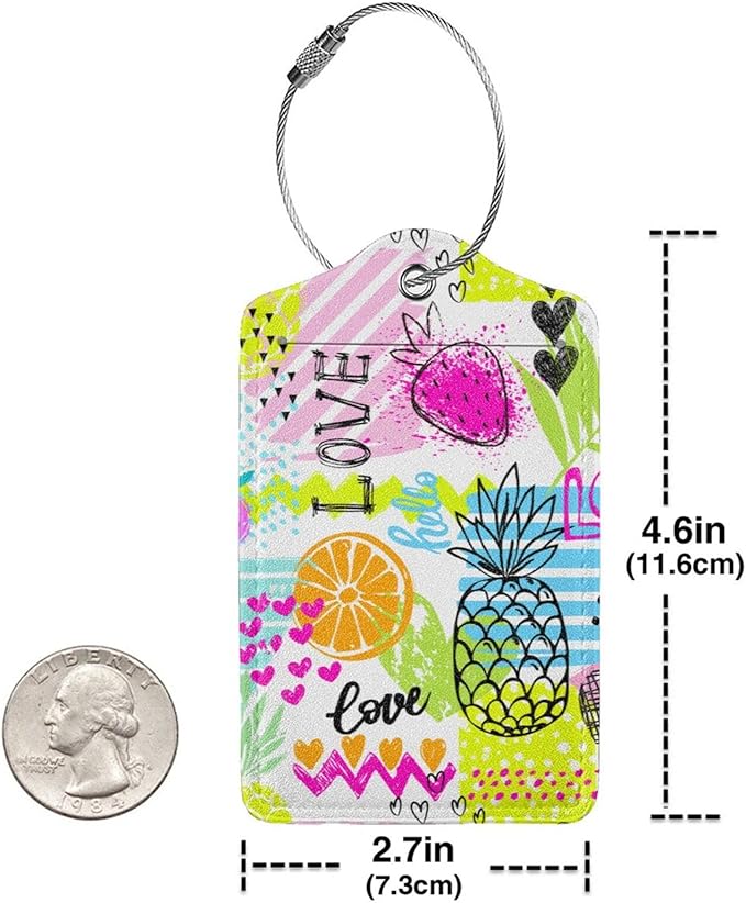 2 Pieces Funny Fruits Luggage Tags for Suitcases Women Girls, Colorful Bag Tags with Pineapple, Strawberry, Love Pattern, Cute Leather Labels Privacy Protection Travel Tag