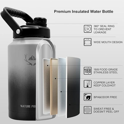 NATURE PIONEOR One Gallon Water Bottle Insulated - Large Double Vacuum Stainless Steel 128 oz Water Bottle with Holder/Carrier, 1 Gallon Water Jug,128oz, Wide Mouth