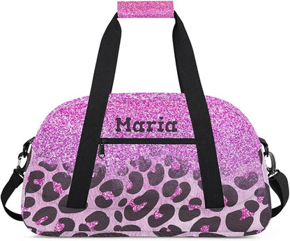 Personalized Kids Sports Duffel Bag with Name Custom Weekender Overnight Bag for Boys Girls Gym Bag Travel Dance Gymnastics Duffel Bag, Purple Glitter Leopard Print