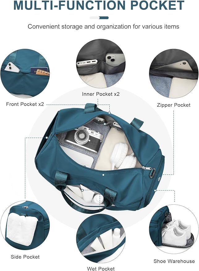 Gym Bag for Women Men, Sport Duffel Bag with Toiletry Bag & Shoe Compartment,Waterproof Travel Weekender Overnight Carry on Bag for Yoga with Trolley Sleeve, Peacock Blue Set