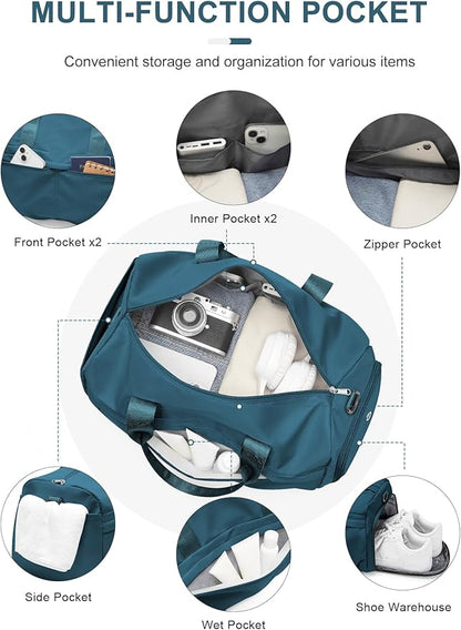 Gym Bag for Women Men, Sport Duffel Bag with Toiletry Bag & Shoe Compartment,Waterproof Travel Weekender Overnight Carry on Bag for Yoga with Trolley Sleeve, Peacock Blue Set