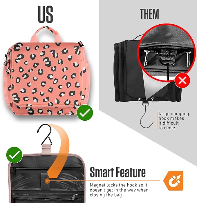 VENTURE 4TH Hanging Travel Toiletry Bag for Women & Men - Travel Organizer with Expandable Compartments & Removable Clear Pouch for Toiletries (Pink Cheetah)