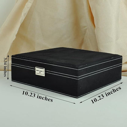Jewelry Boxes 10 x 10 Inches 2-layer Handle Necklace Holder Organizer Jewellery Women Rings Storage Display Girls Earrings Case Lockable Jewelry Tray GY641 (Black)